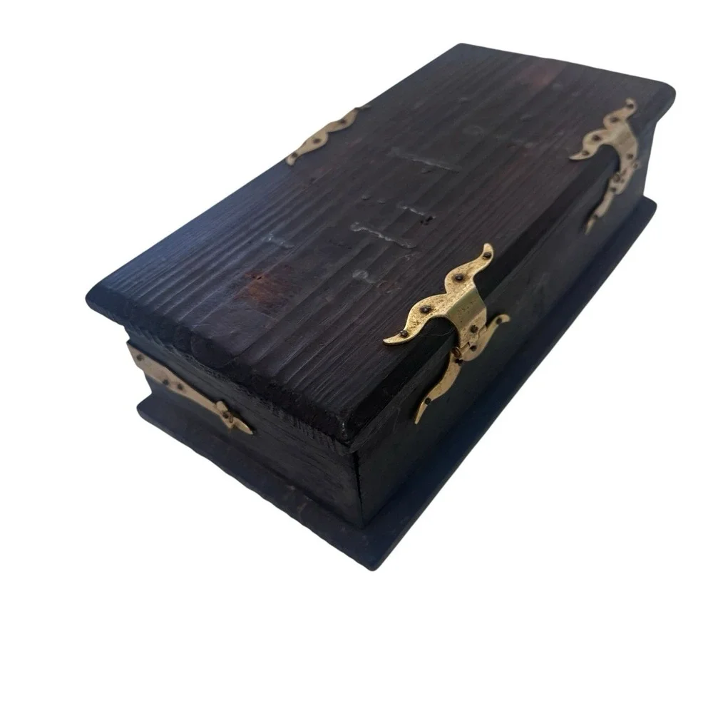 Vintage Wooden Jewelry Box Treasure Chest Trinket Rustic Pirate Gold Hardware Go